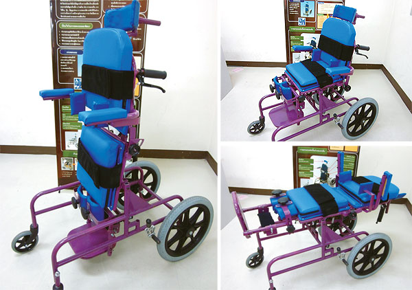 This wheelchair for children with cerebral palsy is designed to operate in both reclining and standing positions.
